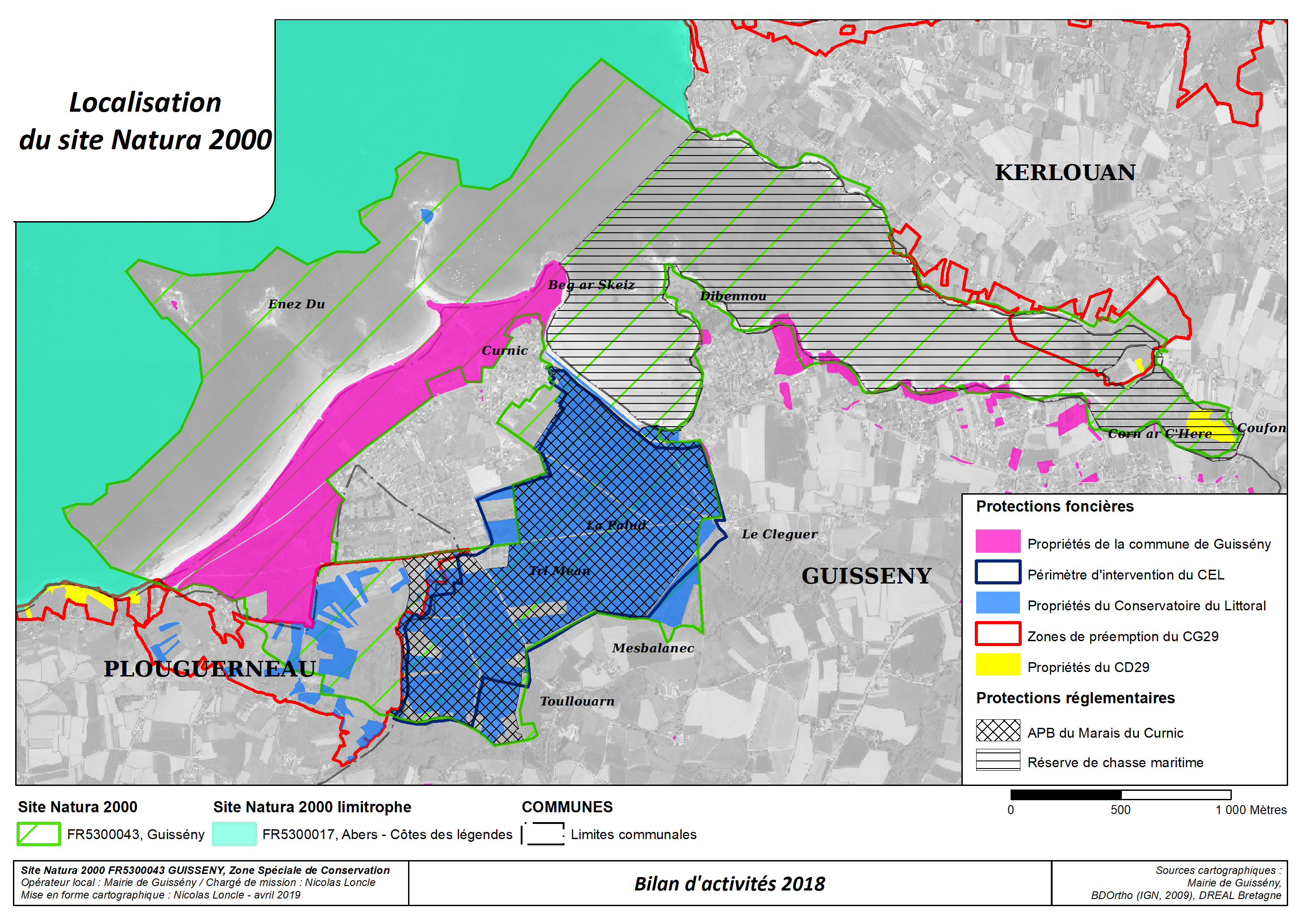 Protections réglementaires et foncières sur le site. Nicolas Loncle, 2019 (mettre la référence c'est bilan d'activité 2018)