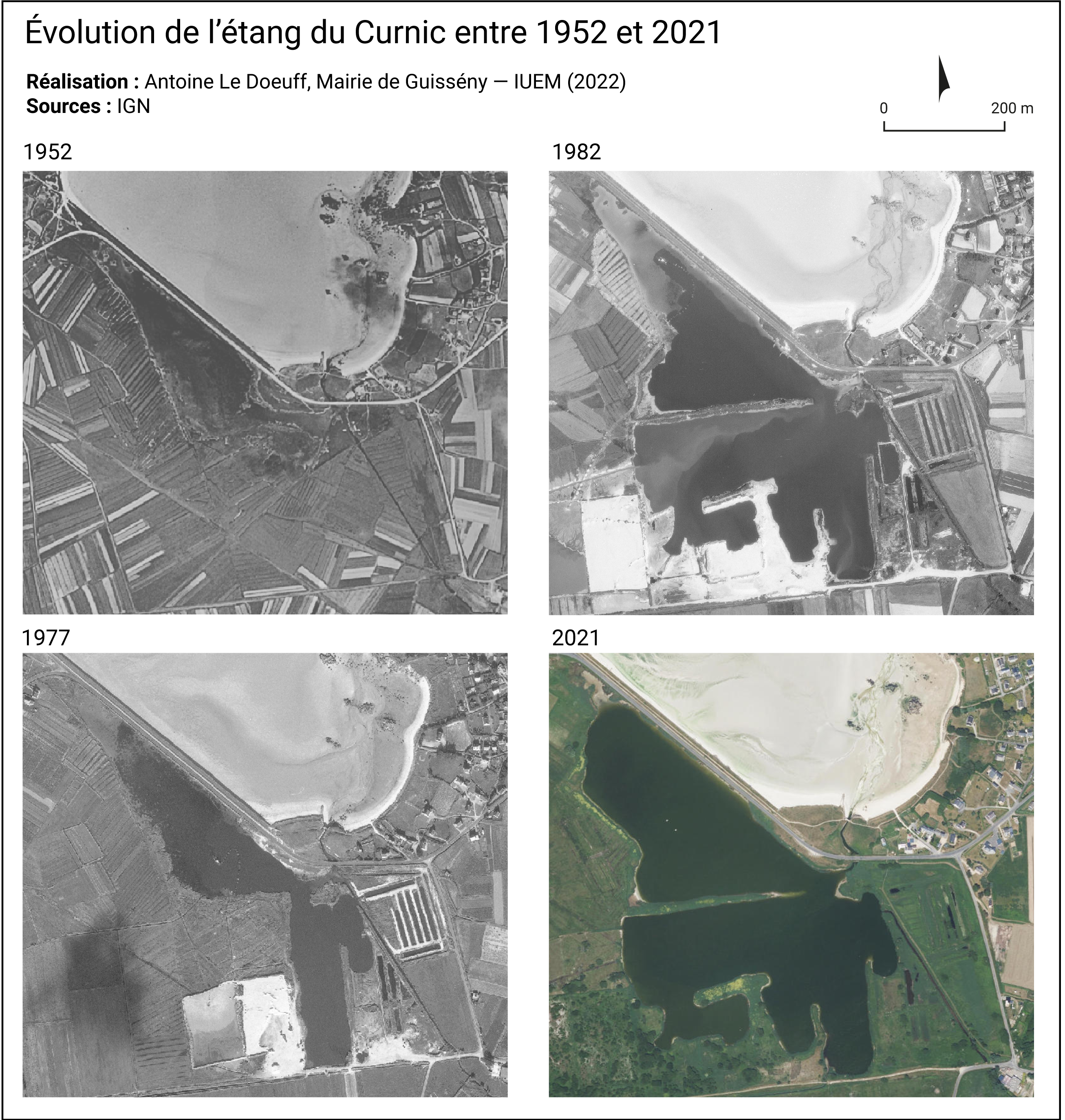 Évolution de l'étang du Curnic entre 1952 et 2021