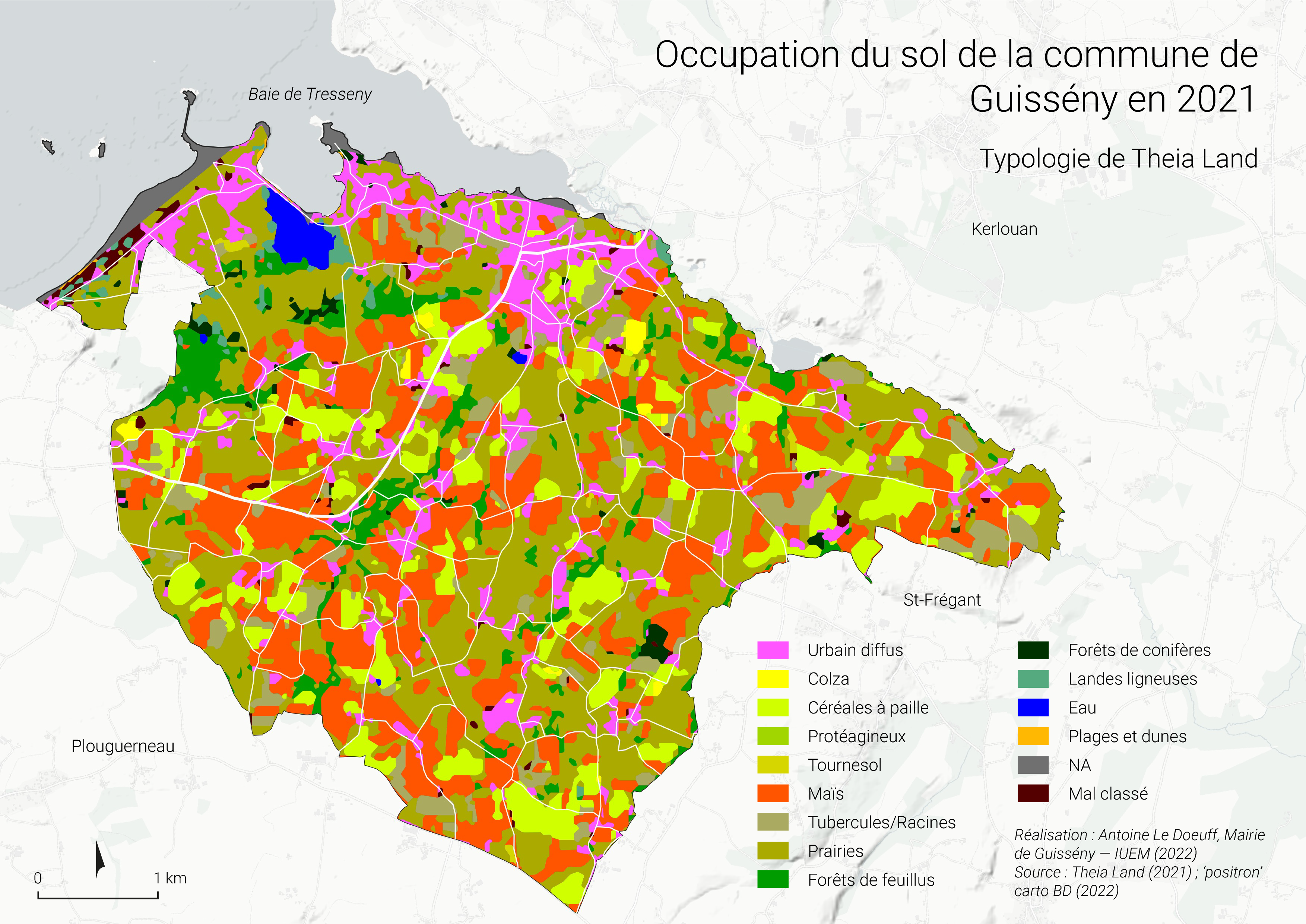 Occupation du sol sur la commune de Guissény en  2021, typologie Theia-Land.