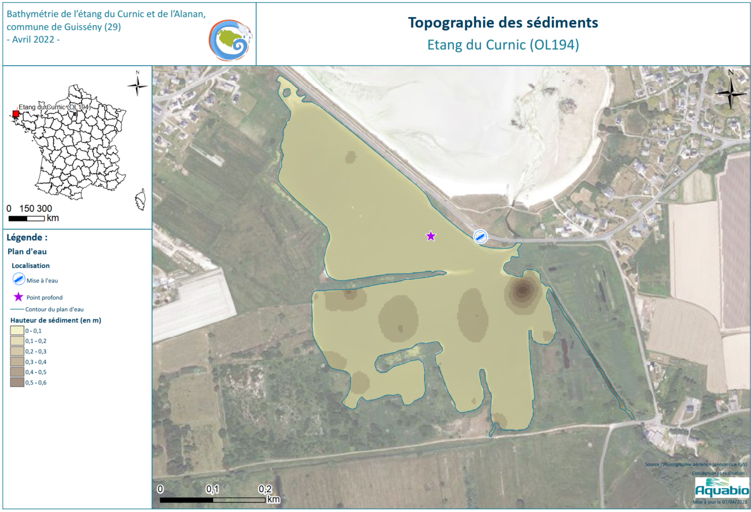 Topographie des sédiments de l'étang du Curnic et du canal de l'Alanan (AQUABIO, 2022)