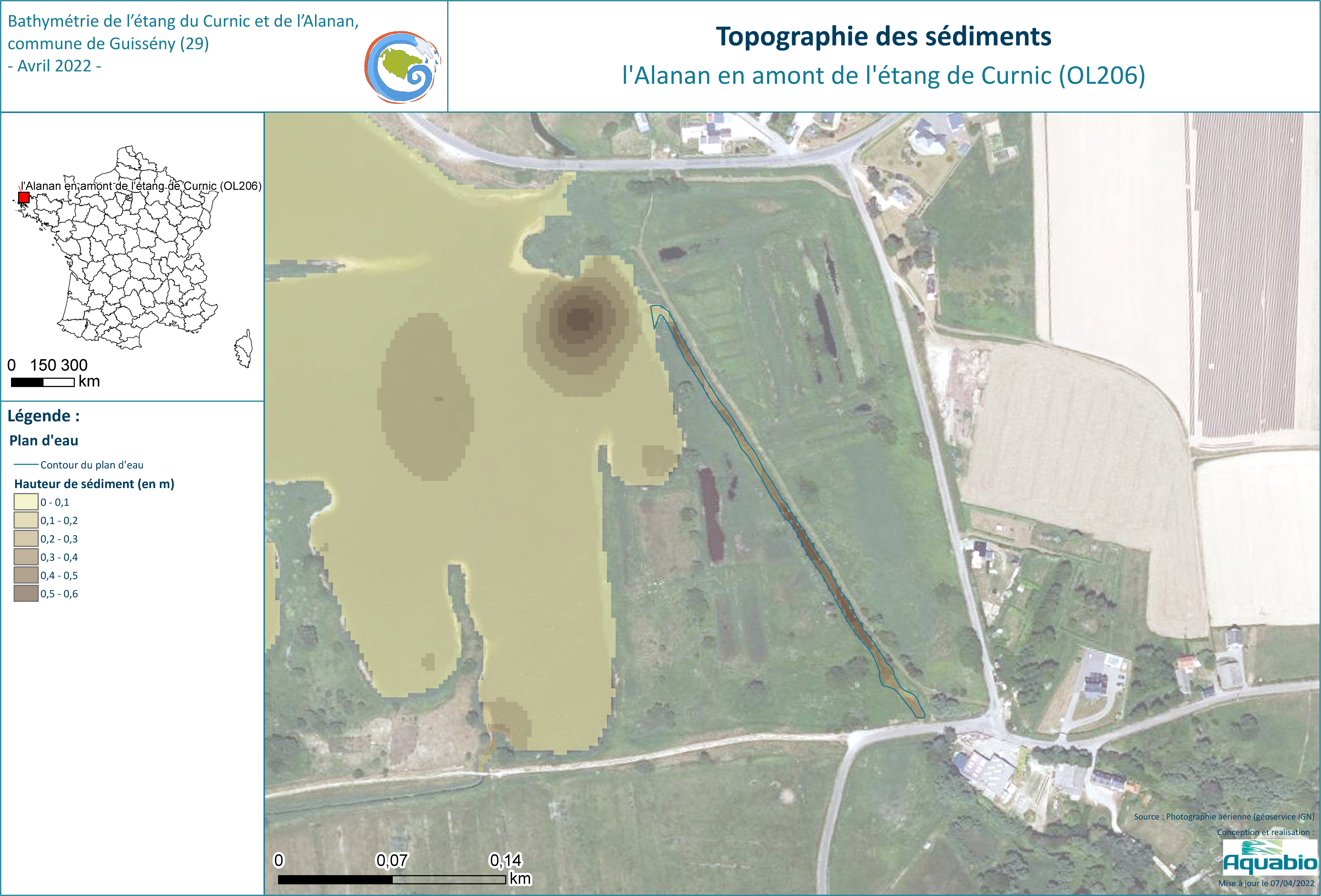 Topographie des sédiments du canal de l'Alanan. *Réalisation : AQUABIO*